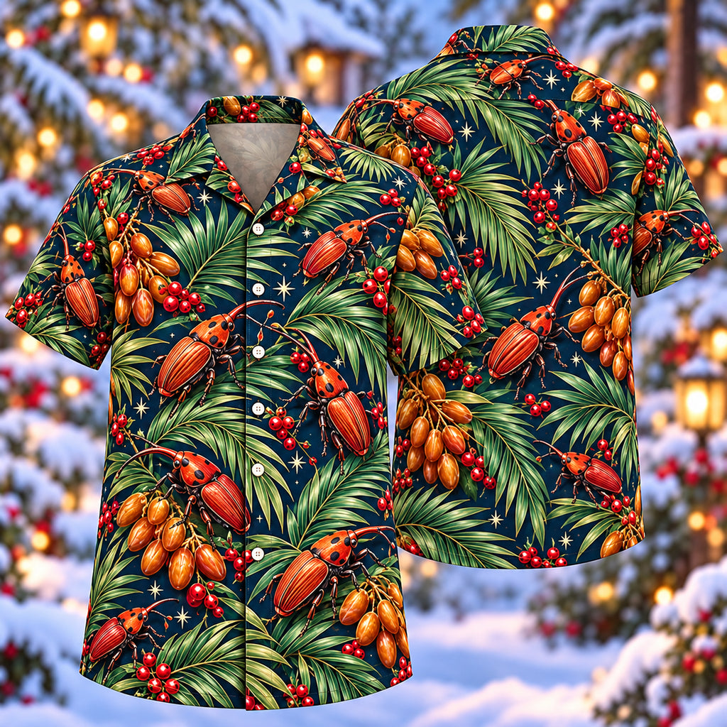 Digital mockup: front and back of one AlohaVero Christmas Copper Red Palm Weevil Date Palm Aloha No Pocket Hawaiian shirt