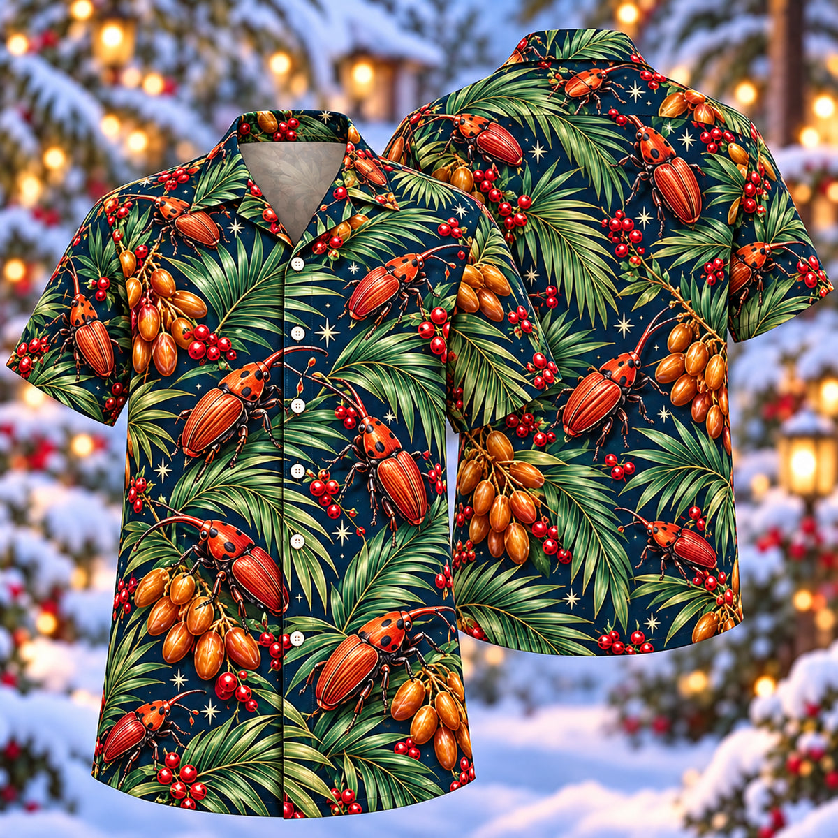 Digital mockup: front and back of one AlohaVero Christmas Copper Red Palm Weevil Date Palm Aloha No Pocket Hawaiian shirt