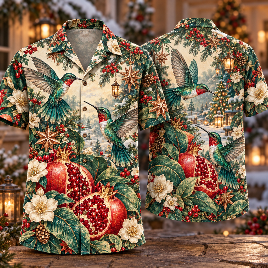 Digital mockup: front and back of one AlohaVero Christmas Copperplate Hummingbird Pomegranate Teal Ivory Scarlet No Pocket Hawaiian shirt