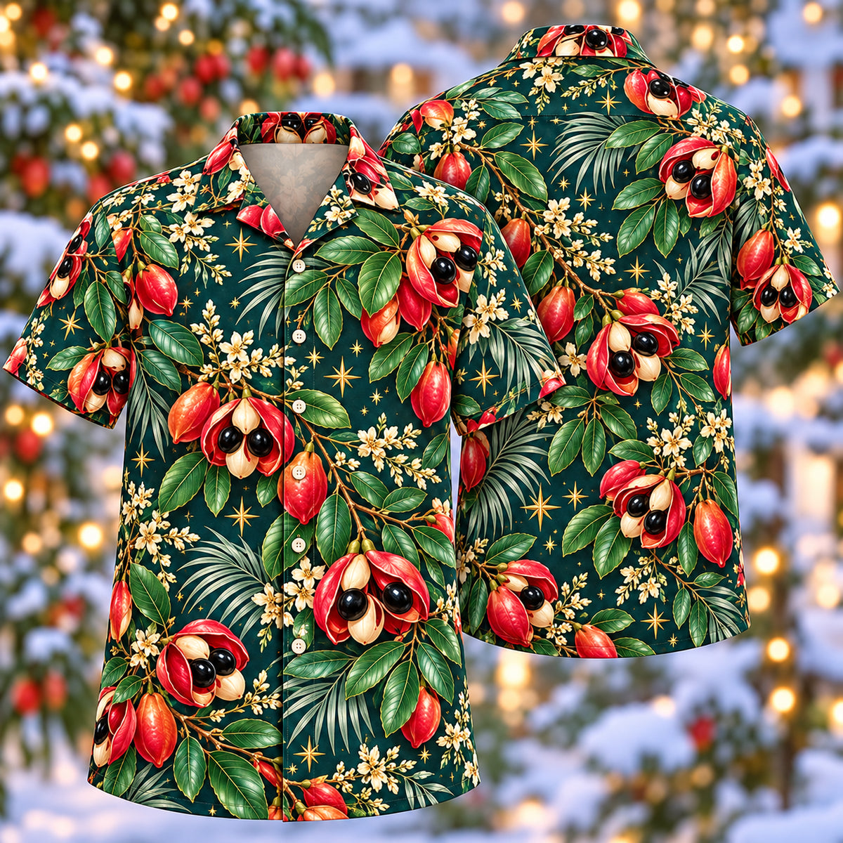 Digital mockup: front and back of one AlohaVero Christmas Coral Ackee Teal Aloha No Pocket Hawaiian shirt