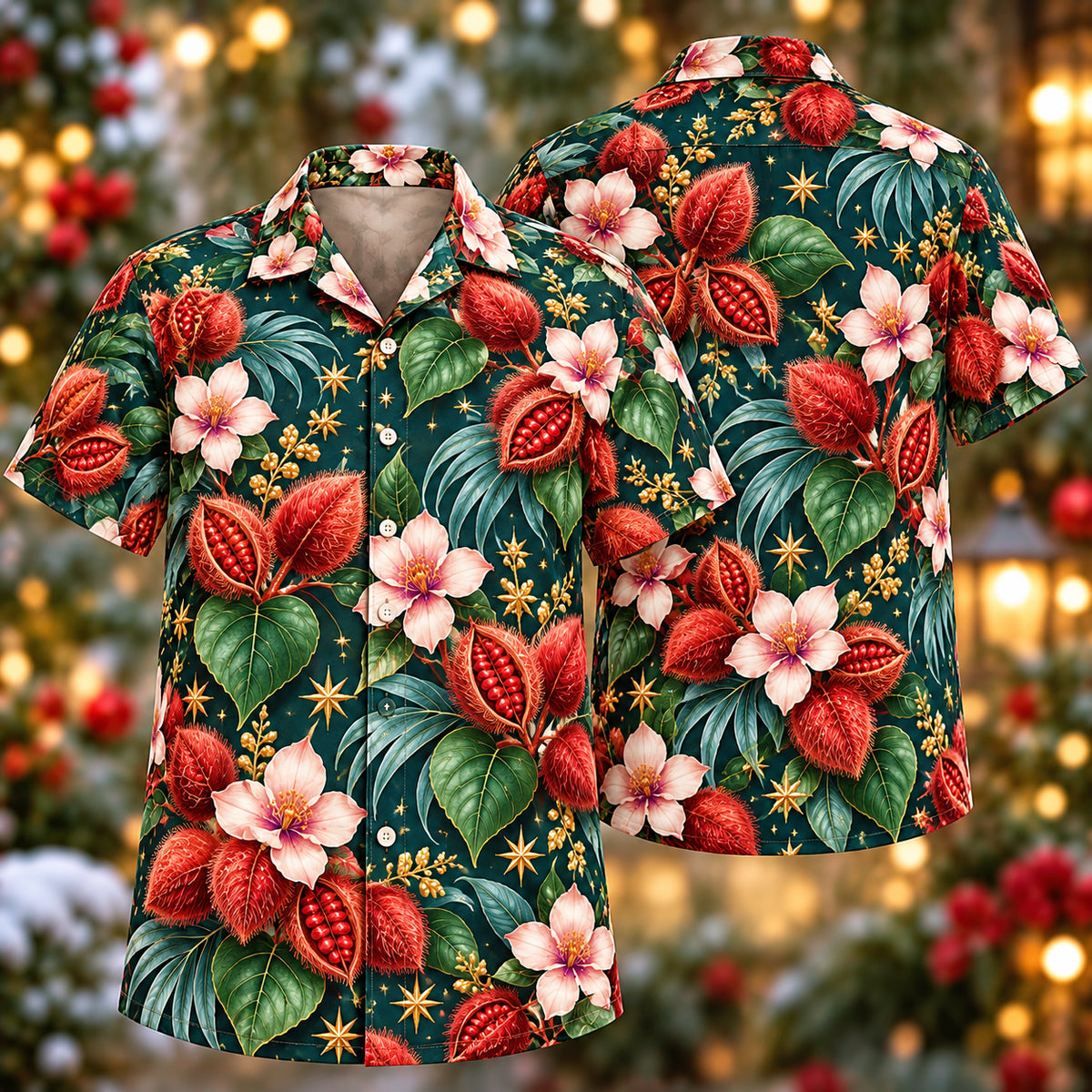 Digital mockup: front and back of one AlohaVero Christmas Coral Annatto Teal Aloha No Pocket Hawaiian shirt