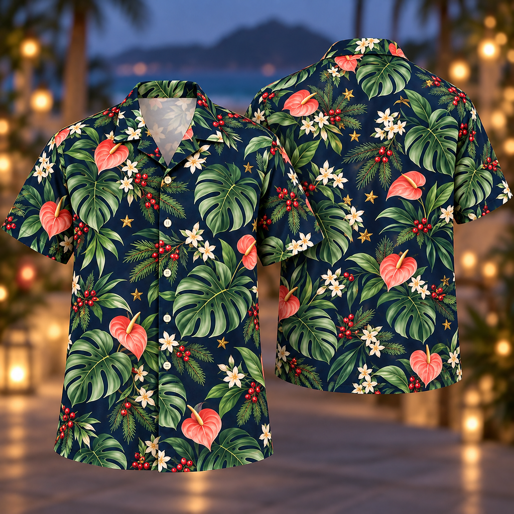 Digital mockup: front and back of one AlohaVero Christmas Coral Anthurium Monstera Navy Aloha No Pocket Hawaiian shirt