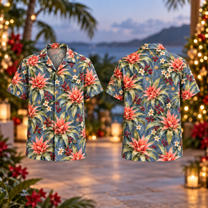 Christmas Coral Bromeliad Slate Aloha Hawaiian Shirt
