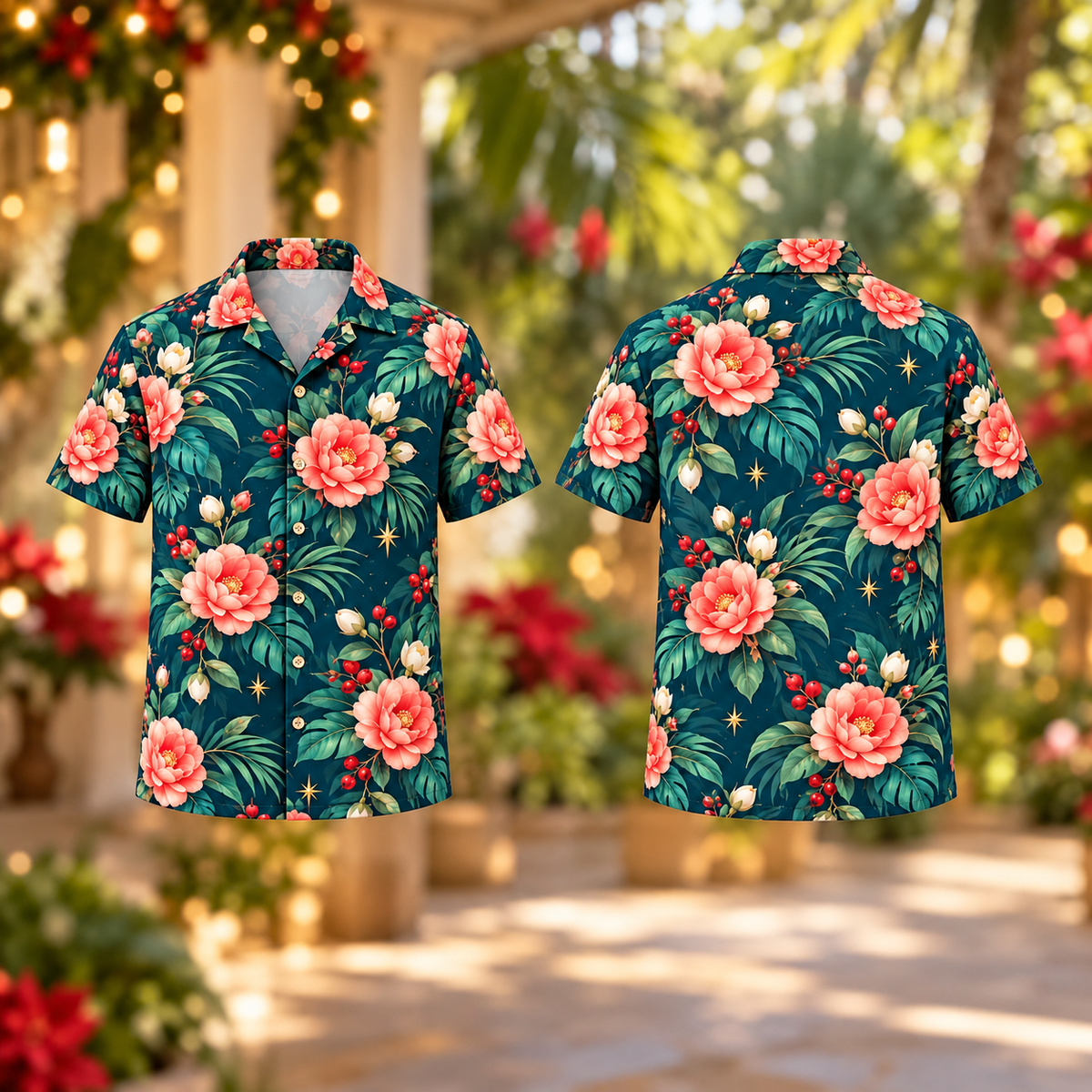 Digital mockup: front and back of one AlohaVero Christmas Coral Camellia Petrol Aloha No Pocket Hawaiian shirt