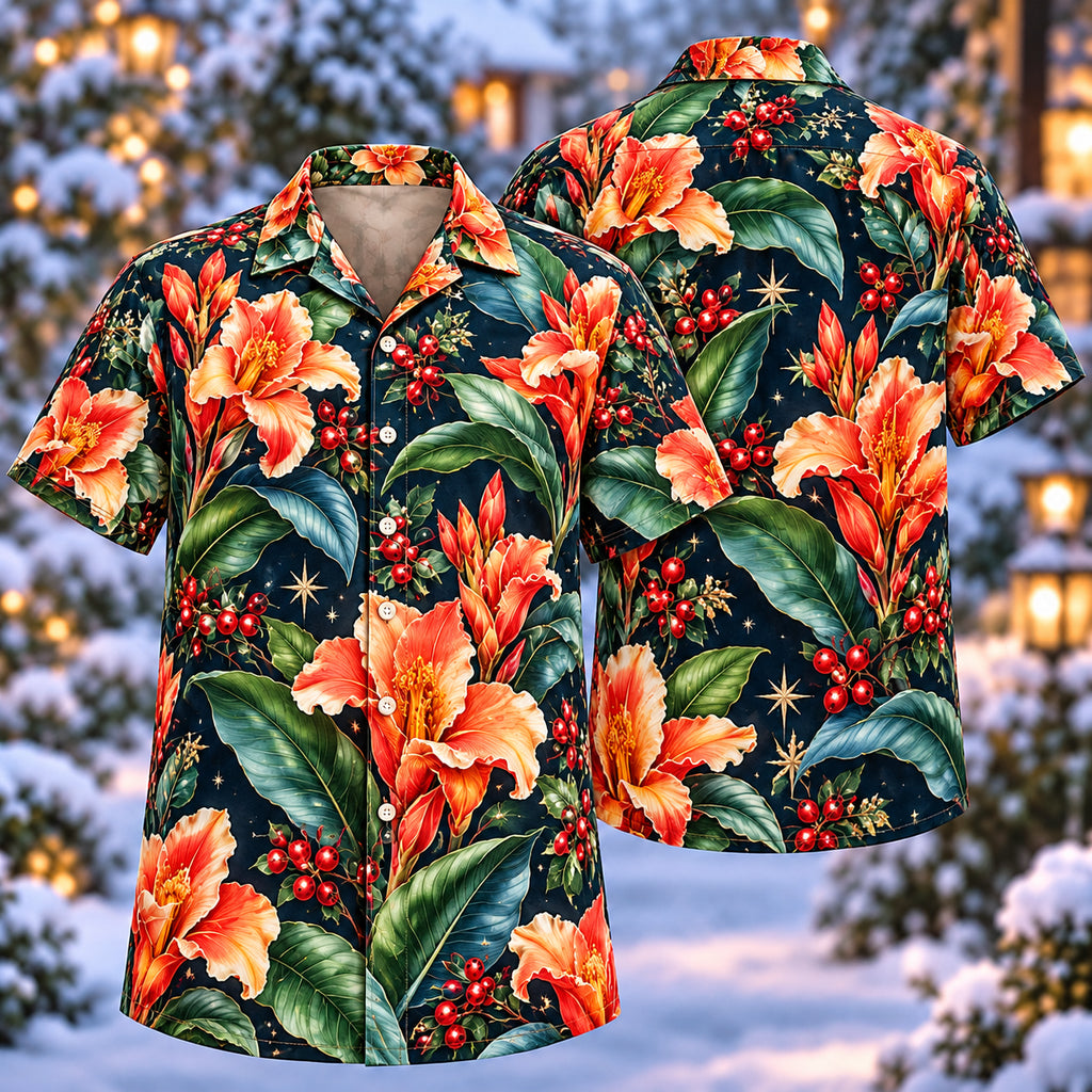 Digital mockup: front and back of one AlohaVero Christmas Coral Canna Navy Aloha No Pocket Hawaiian shirt