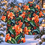 Digital mockup: front and back of one AlohaVero Christmas Coral Canna Navy Aloha No Pocket Hawaiian shirt