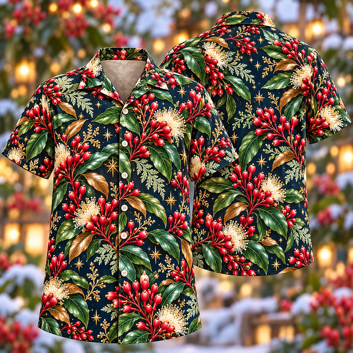 Digital mockup: front and back of one AlohaVero Christmas Coral Clove Navy Aloha No Pocket Hawaiian shirt