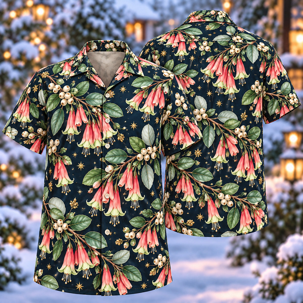 Digital mockup: front and back of one AlohaVero Christmas Coral Correa Navy Aloha No Pocket Hawaiian shirt