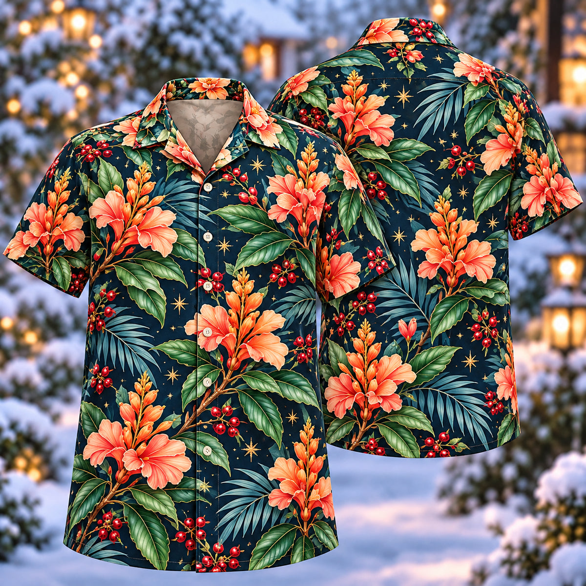 Digital mockup: front and back of one AlohaVero Christmas Coral Crossandra Indigo Aloha No Pocket Hawaiian shirt