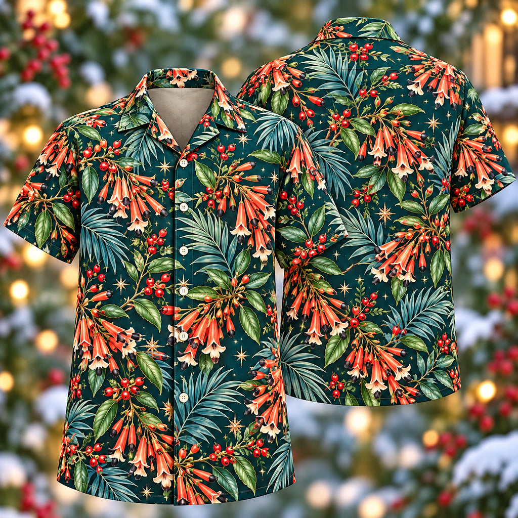 Digital mockup: front and back of one AlohaVero Christmas Coral Cuphea Teal Aloha No Pocket Hawaiian shirt