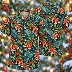 Digital mockup: front and back of one AlohaVero Christmas Coral Cuphea Teal Aloha No Pocket Hawaiian shirt