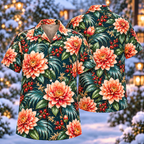 Digital mockup: front and back of one AlohaVero Christmas Coral Dahlia Petrol Aloha No Pocket Hawaiian shirt