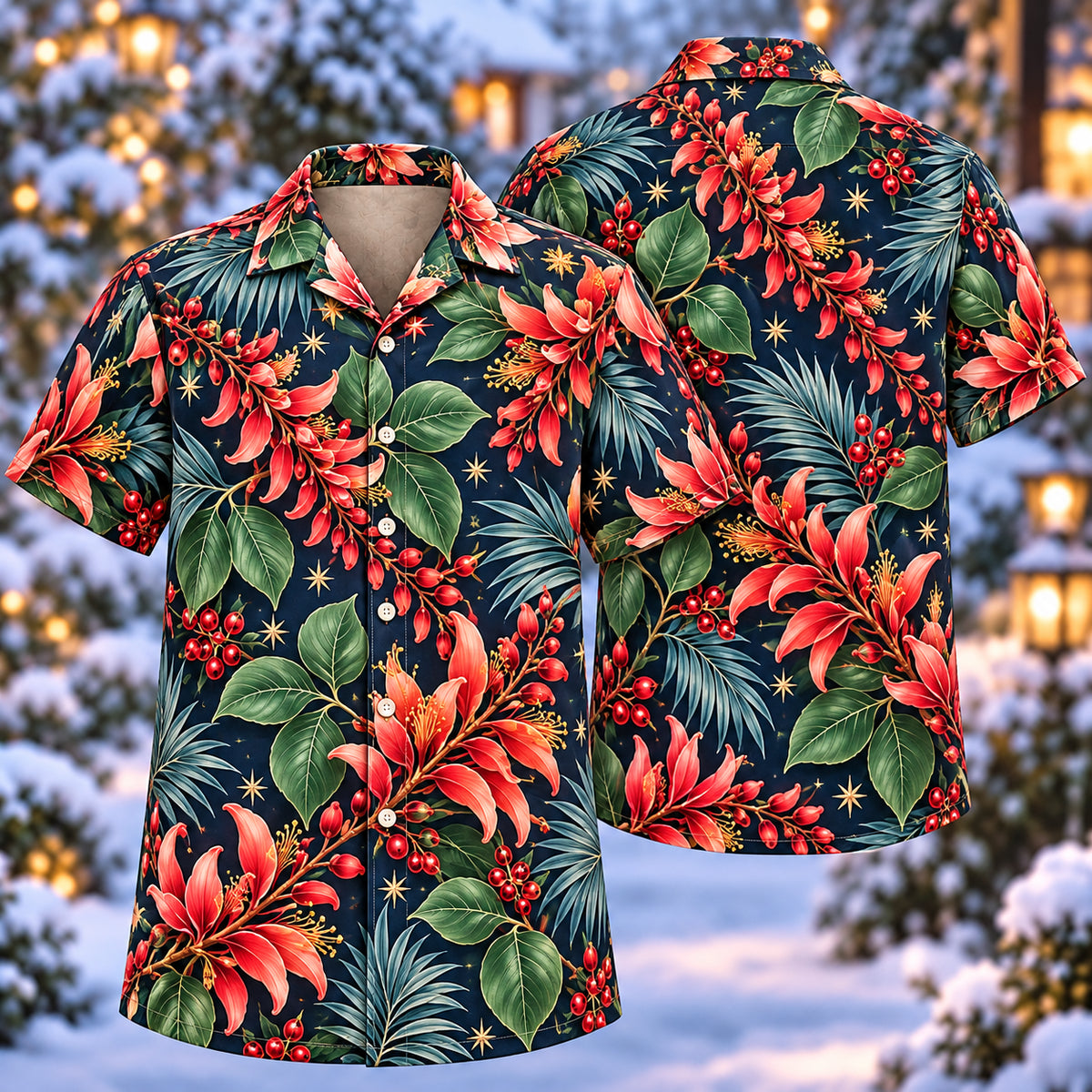 Digital mockup: front and back of one AlohaVero Christmas Coral Erythrina Navy Aloha No Pocket Hawaiian shirt
