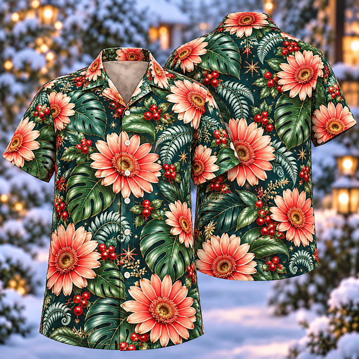 Digital mockup: front and back of one AlohaVero Christmas Coral Gerbera Teal Aloha No Pocket Hawaiian shirt