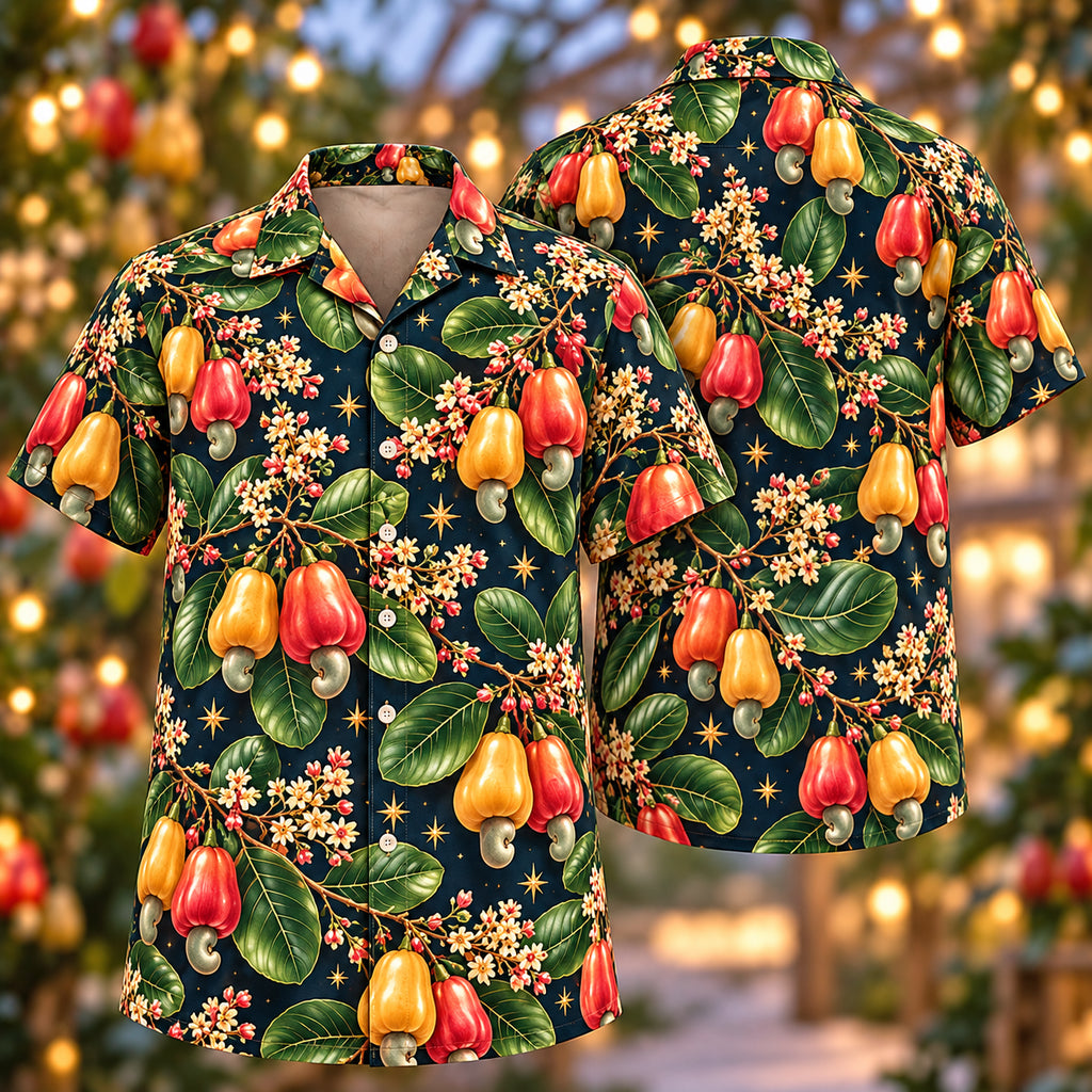 Digital mockup: front and back of one AlohaVero Christmas Coral Gold Cashew Navy Aloha No Pocket Hawaiian shirt