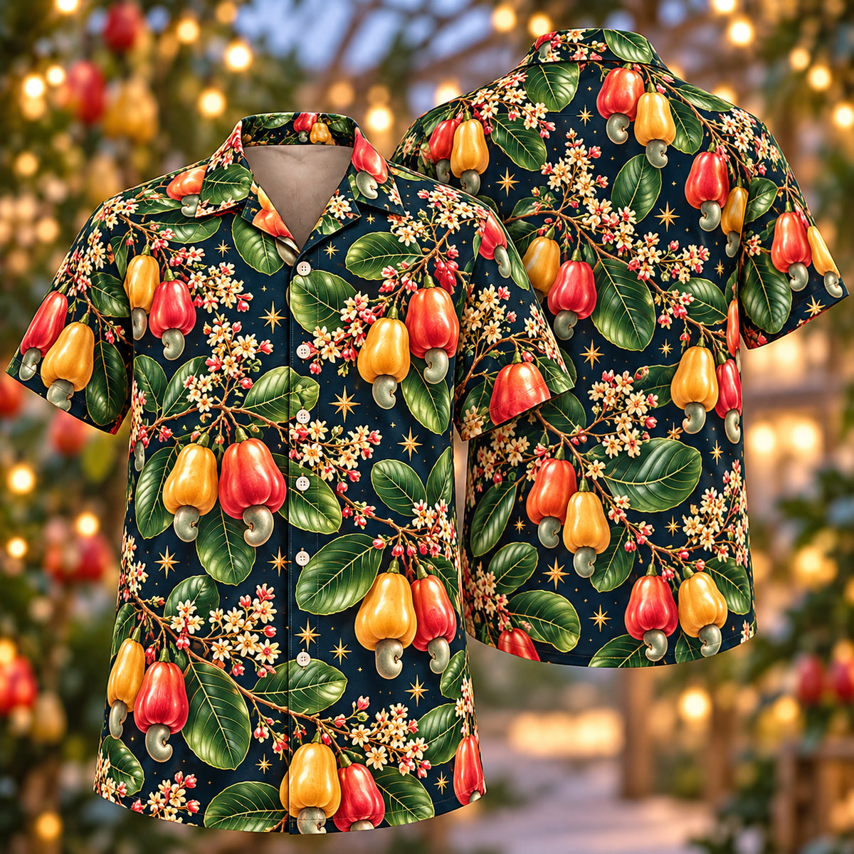 Digital mockup: front and back of one AlohaVero Christmas Coral Gold Cashew Navy Aloha No Pocket Hawaiian shirt