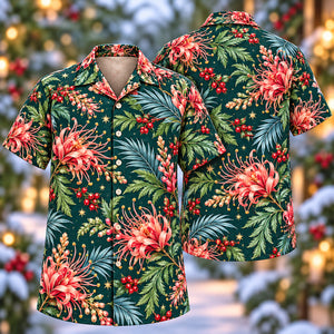 Christmas Coral Grevillea Teal Aloha Hawaiian Shirt
