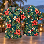 Digital mockup: front and back of one AlohaVero Christmas Coral Hibiscus Plumeria Ocean Aloha No Pocket Hawaiian shirt