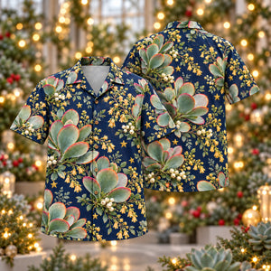 Christmas Coral Jade Paddle Leaf Indigo Aloha Hawaiian Shirt