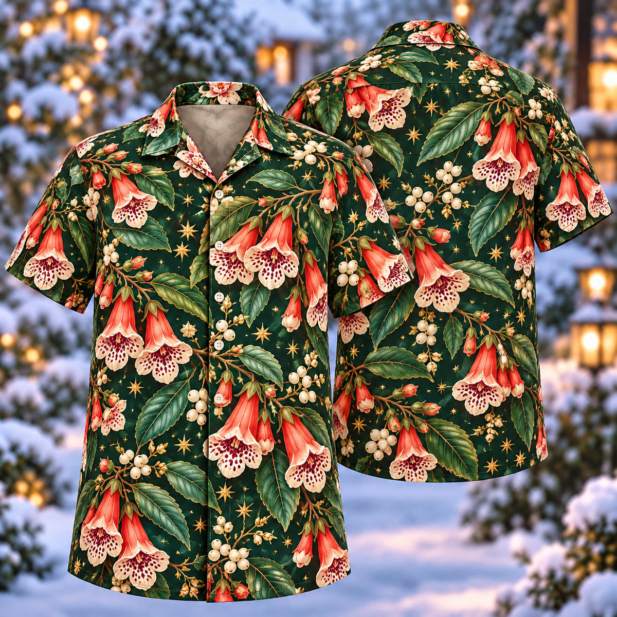 Digital mockup: front and back of one AlohaVero Christmas Coral Kohleria Forest Aloha No Pocket Hawaiian shirt