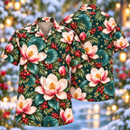Digital mockup: front and back of one AlohaVero Christmas Coral Lotus Petrol Aloha No Pocket Hawaiian shirt