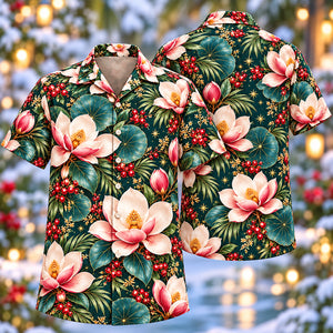 Christmas Coral Lotus Petrol Aloha Hawaiian Shirt