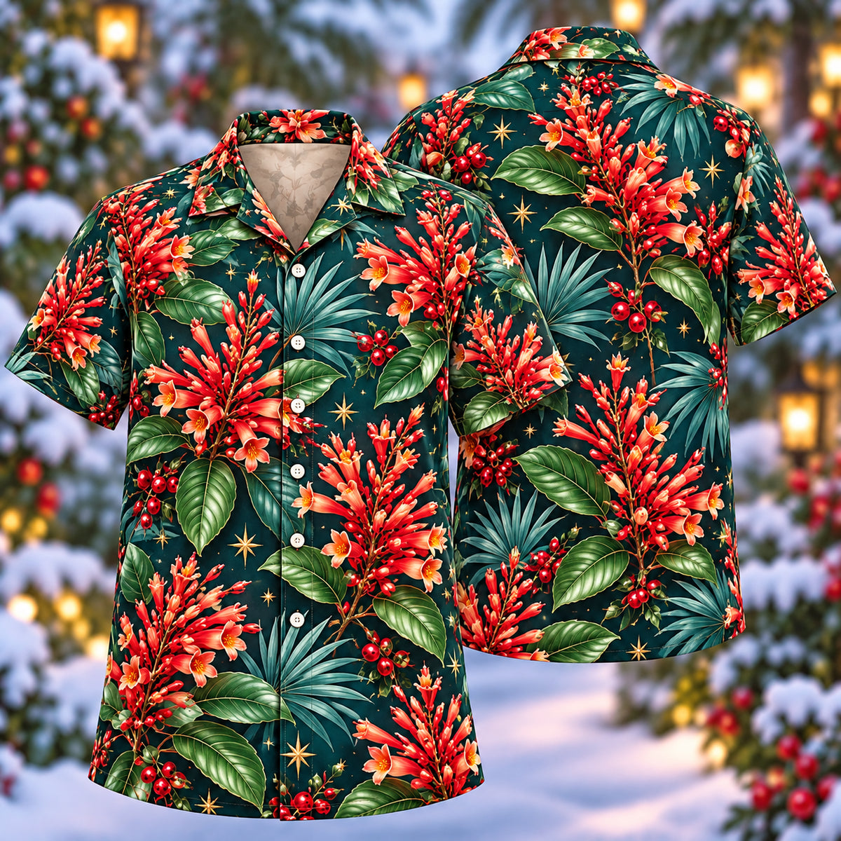 Digital mockup: front and back of one AlohaVero Christmas Coral Odontonema Teal Aloha No Pocket Hawaiian shirt