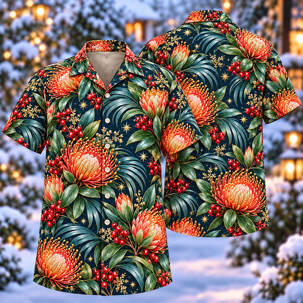 Digital mockup: front and back of one AlohaVero Christmas Coral Pincushion Protea Ink Aloha No Pocket Hawaiian shirt