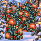 Digital mockup: front and back of one AlohaVero Christmas Coral Pincushion Protea Ink Aloha No Pocket Hawaiian shirt