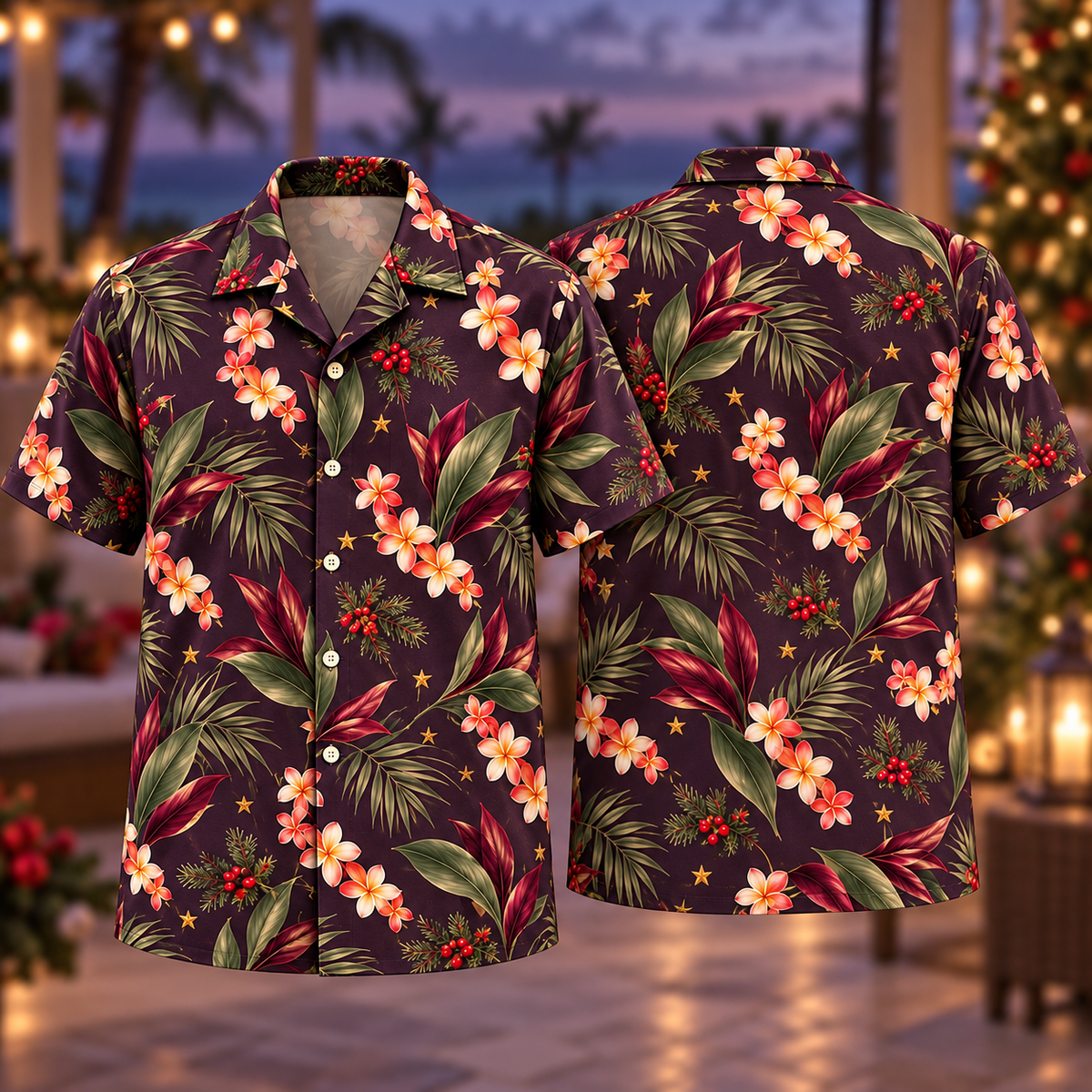 Digital mockup: front and back of one AlohaVero Christmas Coral Plumeria Ti Leaf Plum Aloha No Pocket Hawaiian shirt