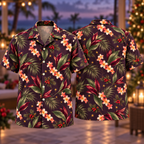 Digital mockup: front and back of one AlohaVero Christmas Coral Plumeria Ti Leaf Plum Aloha No Pocket Hawaiian shirt