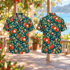 Digital mockup: front and back of one AlohaVero Christmas Coral Rambutan Teal Aloha No Pocket Hawaiian shirt