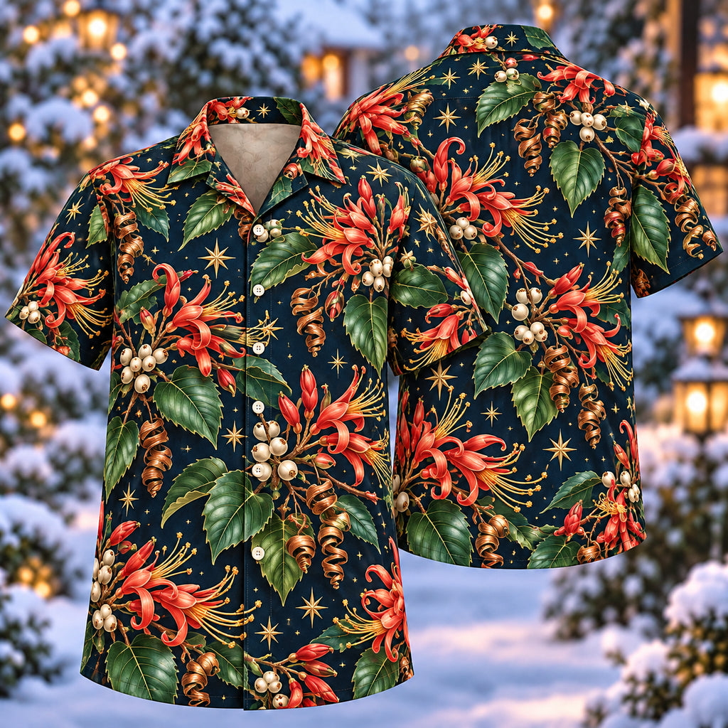 Digital mockup: front and back of one AlohaVero Christmas Coral Screw Tree Navy Aloha No Pocket Hawaiian shirt