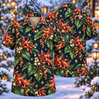 Digital mockup: front and back of one AlohaVero Christmas Coral Screw Tree Navy Aloha No Pocket Hawaiian shirt