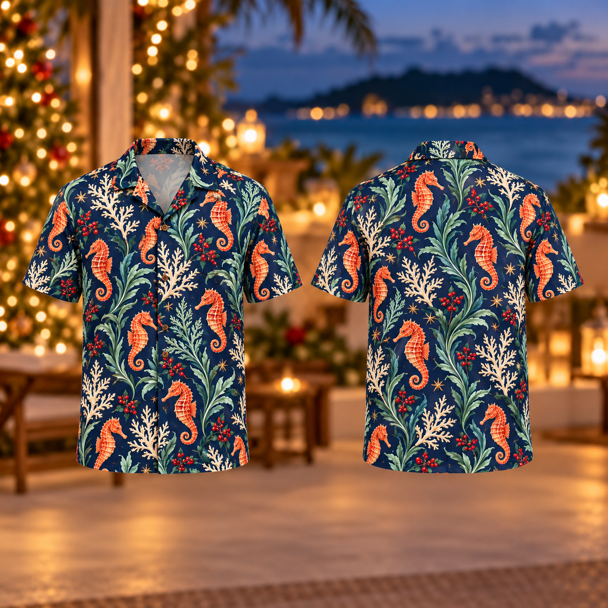 Digital mockup: front and back of one AlohaVero Christmas Coral Seahorse Indigo Aloha No Pocket Hawaiian shirt
