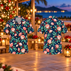 Digital mockup: front and back of one AlohaVero Christmas Coral Shell Pearl Navy Aloha No Pocket Hawaiian shirt