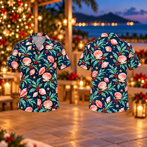 Christmas Coral Shell Pearl Navy Aloha Hawaiian Shirt