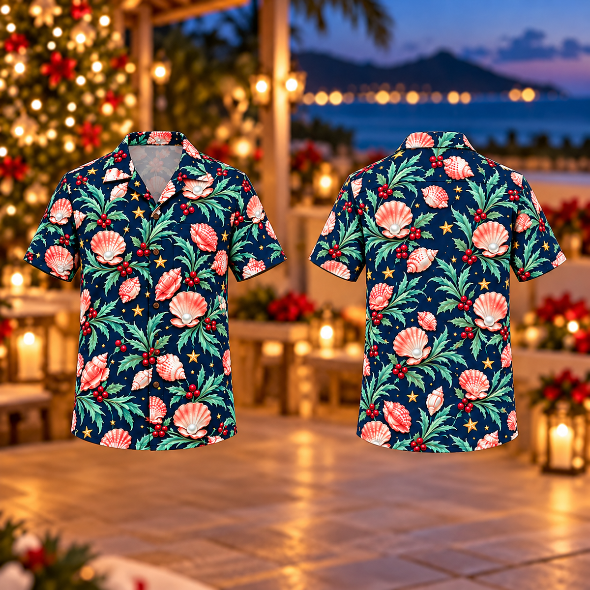Digital mockup: front and back of one AlohaVero Christmas Coral Shell Pearl Navy Aloha No Pocket Hawaiian shirt