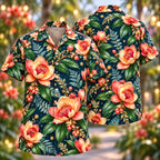 Digital mockup: front and back of one AlohaVero Christmas Coral Stamen Blossom Navy Aloha No Pocket Hawaiian shirt