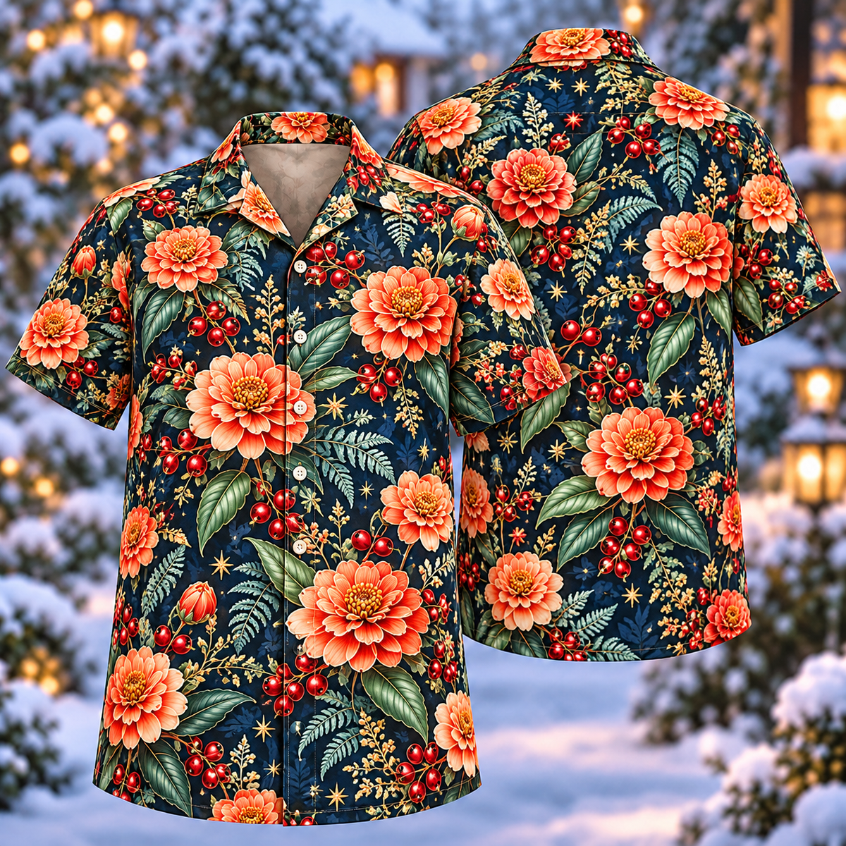 Digital mockup: front and back of one AlohaVero Christmas Coral Zinnia Indigo Aloha No Pocket Hawaiian shirt