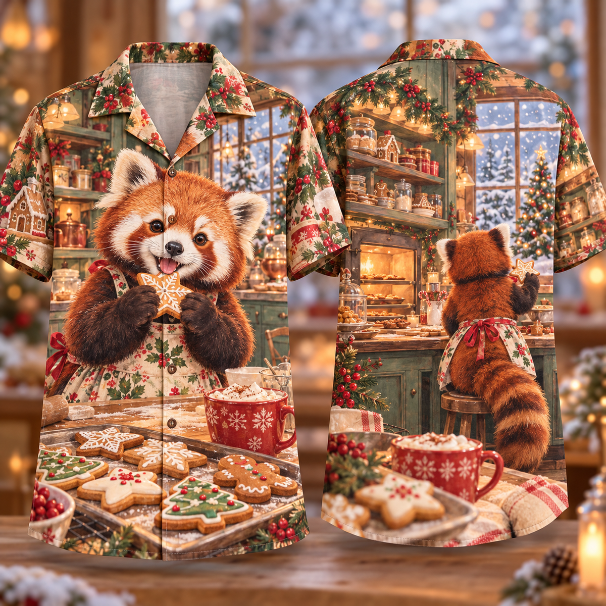 Digital mockup: front and back of one AlohaVero Christmas Cozy Red Panda Bakery Peach Sage Cocoa No Pocket Hawaiian shirt