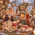 Digital mockup: front and back of one AlohaVero Christmas Cozy Red Panda Bakery Peach Sage Cocoa No Pocket Hawaiian shirt