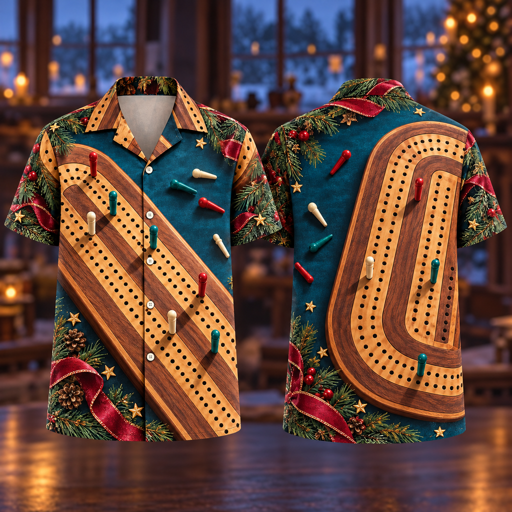 Digital mockup: front and back of one AlohaVero Christmas Cribbage Walnut Petrol No Pocket Hawaiian shirt