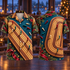 Digital mockup: front and back of one AlohaVero Christmas Cribbage Walnut Petrol No Pocket Hawaiian shirt