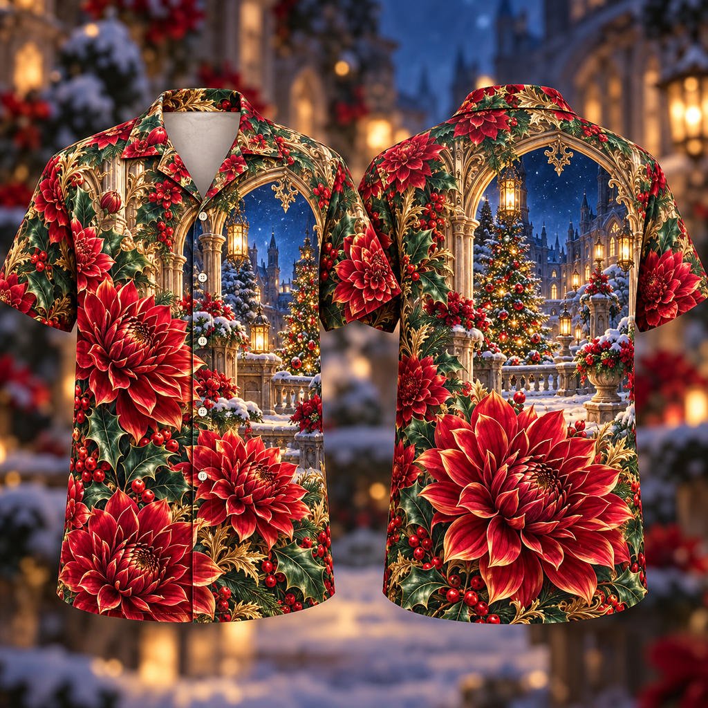 Digital mockup: front and back of one AlohaVero Christmas Crimson Dahlia Carved Winter Window No Pocket Hawaiian shirt