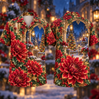 Digital mockup: front and back of one AlohaVero Christmas Crimson Dahlia Carved Winter Window No Pocket Hawaiian shirt