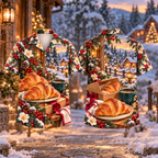Digital mockup: front and back of one AlohaVero Christmas Croissant Morning Welcome Print No Pocket Hawaiian shirt