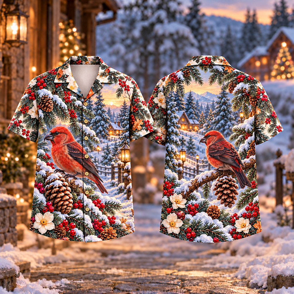 Digital mockup: front and back of one AlohaVero Christmas Crossbill Pinecone Visit Print No Pocket Hawaiian shirt