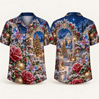 Digital mockup: front and back of one AlohaVero Christmas Crystal Butterfly Frost Rose Arch No Pocket Hawaiian shirt