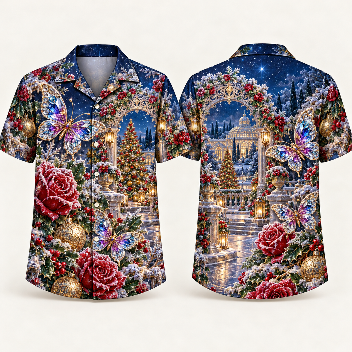 Digital mockup: front and back of one AlohaVero Christmas Crystal Butterfly Frost Rose Arch No Pocket Hawaiian shirt